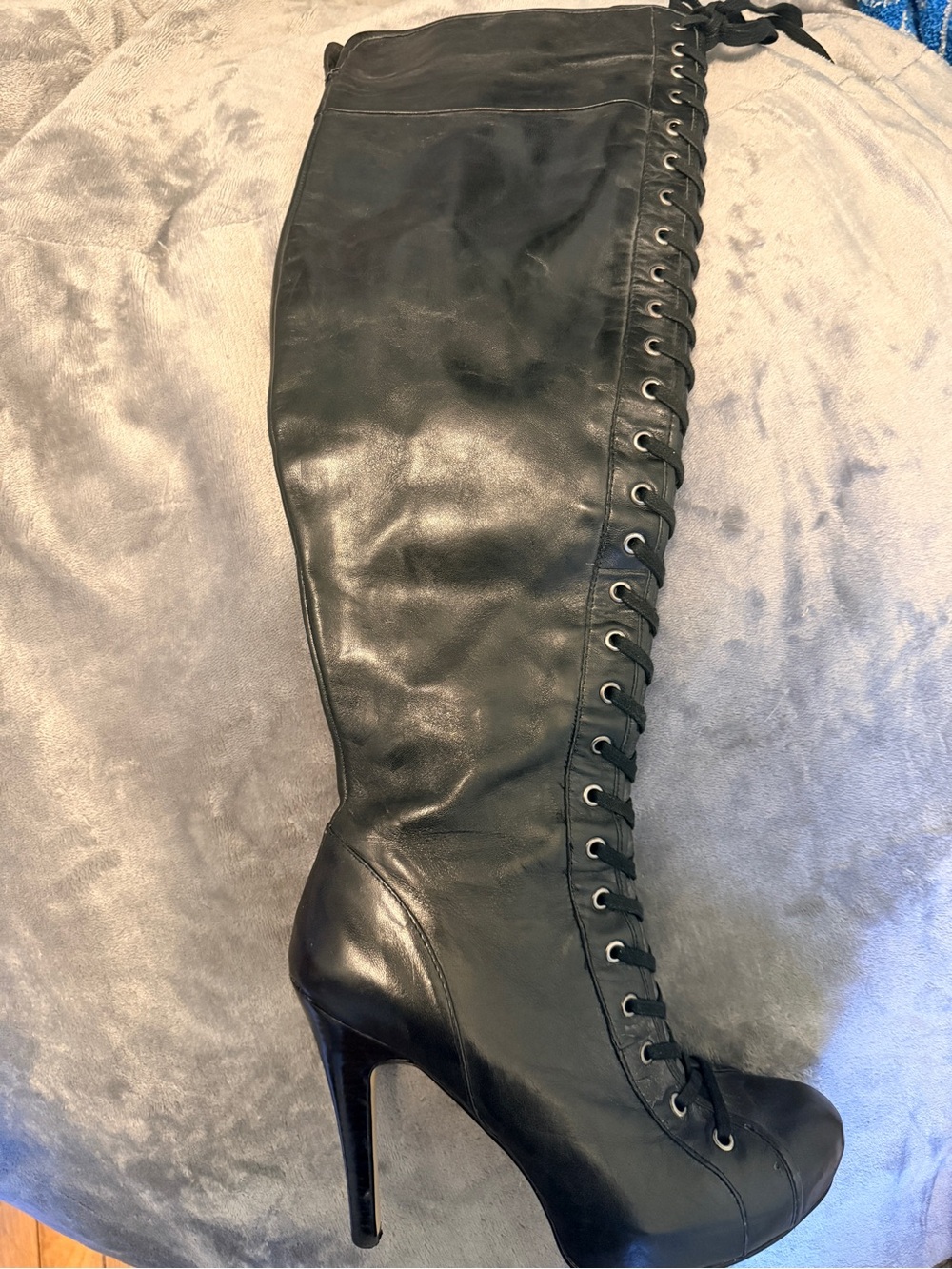 Black Lace-Up Over-The-Knee Stiletto Boots